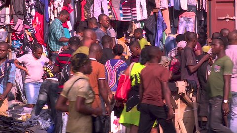 LAGOS, NIGERIA - 6 August 2016 : Downtown clothes market in busy Lagos, Nigeria.