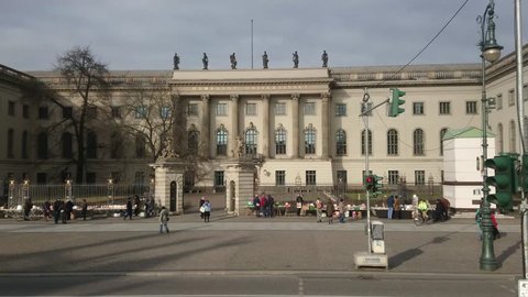 Berlin, Germany - February 4, 2018: Berlin Unter den Linden landmarks: Humboldt University of Berlin, Neue Wache (English: New Guardhouse), Zeughaus (English: old Arsenal)
