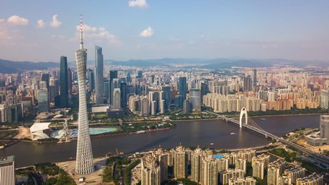 GUANGZHOU, CHINA - SEPTEMBER 29 2017: sunny day guangzhou city downtown pearl river canton tower side aerial panorama 4k timelapse circa september 29 2017 guangzhou, china.