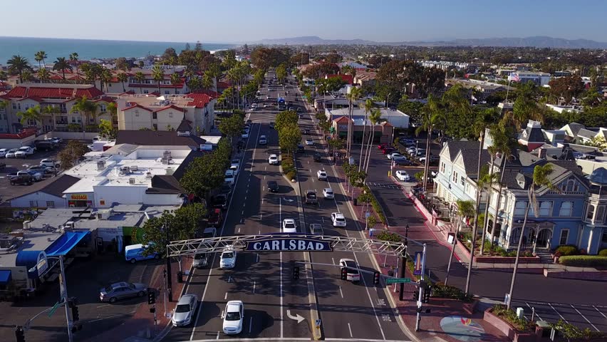 Carlsbad, CA - Beach and Downtown - Drone Video. Aerial Video of Carlsbad is a city near San Diego, in California. Also know as sister city of Karlovy-Vary in Czech Republic.