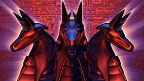 Anubis Head VJ Loop - is a stunning ancient motion graphic animation featuring a close-up view of Egypt God face with bright red eyes. Perfect to use in ancient videos, Egypt graphics, thematic VJ set