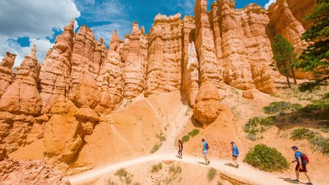 Bryce Canyon National Park. Utah.USA. August 30, 2017: Tourists are walking high in the mountains. Spectacular view at the cliffs. Amazing landscape. Nature video. 