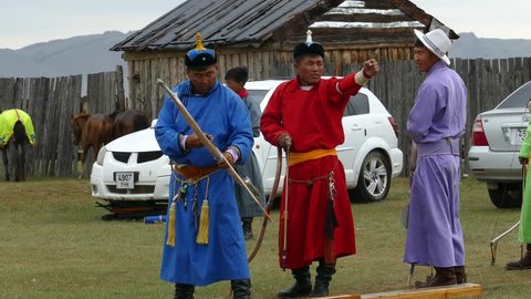 Telmen sum, Mongolia - July 15, 2017: National Mongolian holiday Naadam and archery.   Editorial use.

