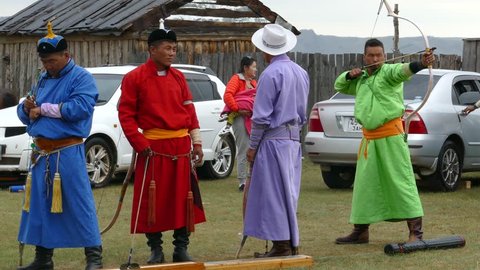 Telmen sum, Mongolia - July 15, 2017: National Mongolian holiday Naadam and archery. Editorial use.