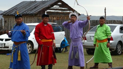 Telmen sum, Mongolia - July 15, 2017: National Mongolian holiday Naadam and archery. Editorial use.
