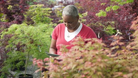 Senior woman working with a tablet in a garden