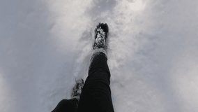 Outdoor winter trekking slow-mo 1920X1080 HD video - POV scene with hiker boots in the high snow slow motion 1080p FullHD footage