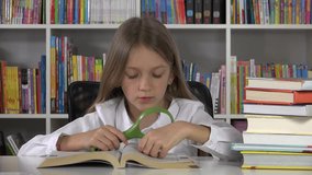 4K Student Child Learning, Studying at Library, School Girl Reading Book at Desk