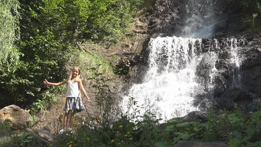 tourist Girl by Waterfall, Child View in Mountains Forest, Nature View