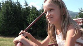 Child in Chairlift, Tourist Happy Girl in Ski Cable Railway Mountains, Alpine 4k