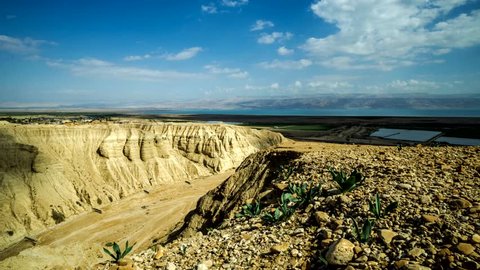 Clouds moving over the Qumran Caves, an historical and archaeological site near the Dead Sea, where the Dead Sea scrolls have been discovered