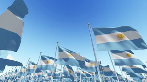 Argentina waving flags against blue sky. Three dimensional rendering 3D animation.