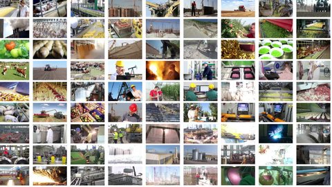 Video wall montage industrial production. People working in a factory, construction, agriculture, foundry, power plant, food industry, welder, bottling plant, farm animal, farmland, time lapse