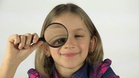 Child Playing with Magnifying Glass, Girl Eyes in Eyeglass, Kid Make Faces