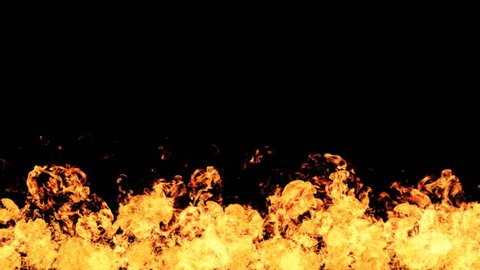 High Speed Fire explosion towards to camera, cross frame ahead transition, slow motion fire flamethrower isolated on black background perfect for cinema, digital composition.