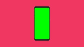 Smartphone and social media reaction love heart emoticon drop full fill on green screen pink color background, looping animation 4K, with copy sapce