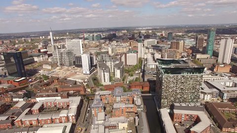 4k Aerial Birmingham Uk with Mailbox, Cube, Hilton Hotel, Birmingham council and city scape, smooth backward shot