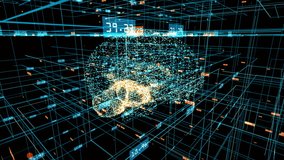 Human brain formed by revolving blue particles with orange particles pulsating inside. Grid and digits evolving around. Blue abstract futuristic science and technology motion background. 3D rendering. - Powered by Shutterstock - Get 15% off with code: PIKWIZARD15