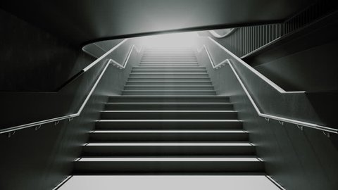 Climbing the black stairs to white light. Slow motion on a street staircase. 4k resolution 3D rendering. 