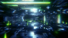 3d render, abstract urban black background. Futuristic motion graphic. Green neon light glow, geometric construction. Drone fly away. 