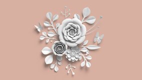 3d render, growing flowers, blush rose background, paper flowers, blooming botanical pattern, round floral bouquet, papercraft, pastel color, 4k animation - Powered by Shutterstock - Get 15% off with code: PIKWIZARD15