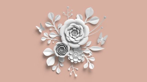 3d render, growing flowers, blush rose background, paper flowers, blooming botanical pattern, round floral bouquet, papercraft, pastel color, 4k animation