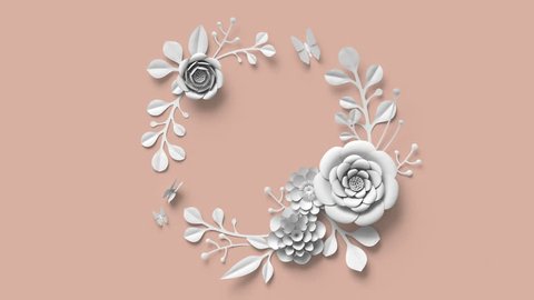 3d render, round floral wreath, growing flowers, blush rose background, paper flowers, blooming botanical pattern, bouquet, papercraft, pastel color, 4k animation