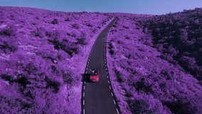 Surrealistic and creative ultra violet or purple aerial drone footage of pantone color of year of two young women best friends drive on mountain road in convertible car, happy and excited about travel