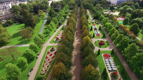 Beautiful Elegant The Regent's Park Gardens Aerial View feat. Decorative Design Flower Beds and Trees in London 4K