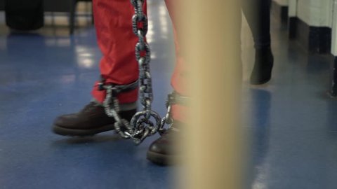Prisoner Walking In Shackles Restraints On Feet, Modern 4K Prison, Death Row 4K.