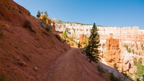 Video in motion along the trail on the top of the mountains. Walk along the path. Nature video. Amazing mountain landscape. Bryce Canyon National Park. Utah.USA. 4K, 3840*2160, high bit rate