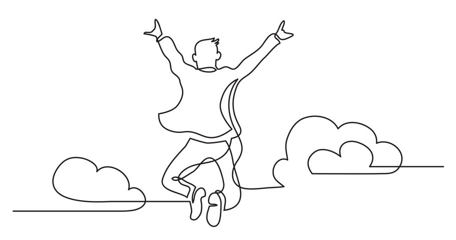 Animation of one line drawing of happy man jumping higher clouds