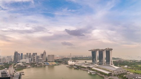 Singapore business district city skyline high angle view day to night timelapse, Marina Bay, Singapore 4K Time lapse