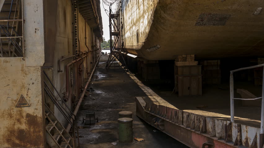 Dock with a barge is lowered under water