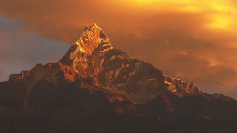 Annapurna base camp trek, View on the summit of the mountain Machapuchare at sunrise, Nepal, asia.