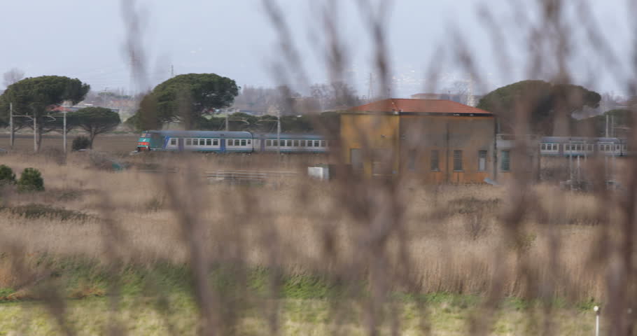 Regional passenger white and blue train is passing over a green meadow in the countryside.