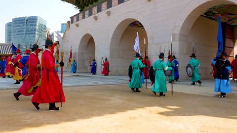 Seoul, South Korea - March 2018 : Time lapse video of many tourists visit Gyeongbokgung palace in Seoul, South Korea.