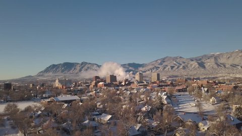 Snowy Downtown Colorado Springs Aerial