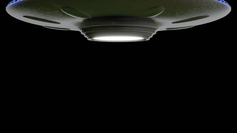 UFO Flying Saucer on Black background  rotates down from top of screen. Stops then rotates fly's up to top of screen, loop 4k