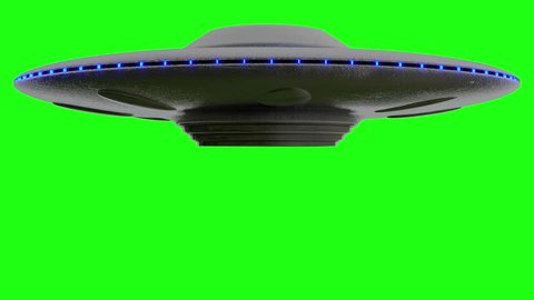 UFO Flying Saucer on Green screen  rotates down from top of screen. Stops then rotates fly's up to top of greenscreen, loop 4k