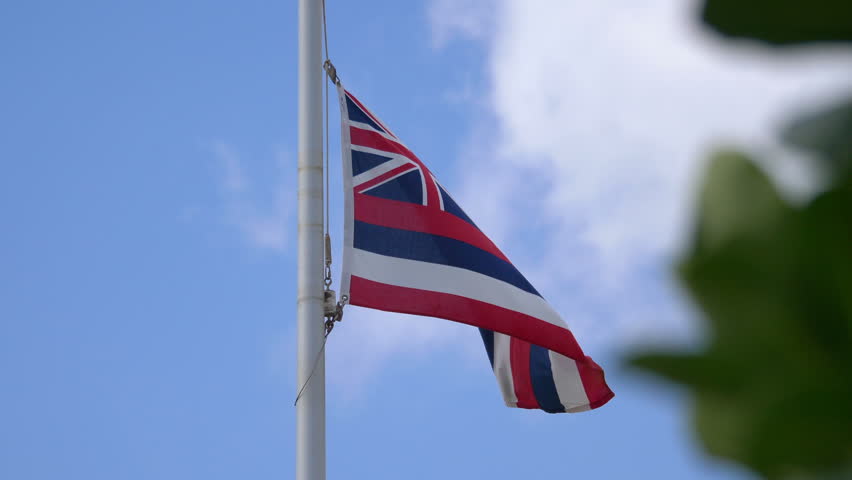 Professional video of hawaiian flag waving in the wind in 4k slow motion 60fps
