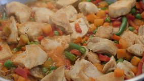 Tasty mix of vegetables with poultry meat 4K 2160p 30fps UHD video - Lunch preparing in frying pan close-up 3840X2160 UltraHD footage