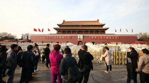 Beijing,China-March 16,2018:Tiananmen square in Beijing. Locals and tourists sightseeing the large square in the center of the city.
