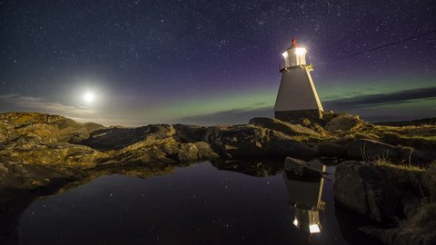 Northern Lights and moonset