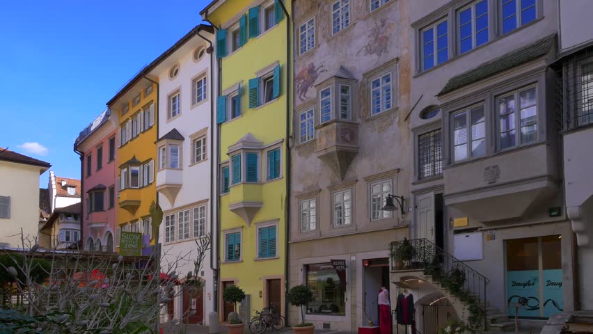 Colorful house facades in the old town of Bolzano, South Tyrol, Trentino, Italy, Europe, 14 March 2018
