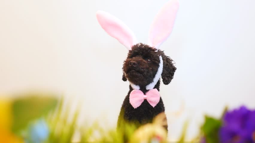 Funny little dog (poodle) wearing Easter bunny ears Royalty-Free Stock Footage #1008694540