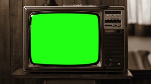 1980s or 90s TV Green Screen. Sepia Tone. Zoom Out. You can Replace Green Screen with the Footage or Picture you Want with “Keying” effect in After Effects (check out tutorials on YouTube).
