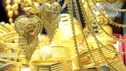 4K view of oriental Gold Jewelry in the shop window on the Grand Bazaar. Istanbul, Turkey. 