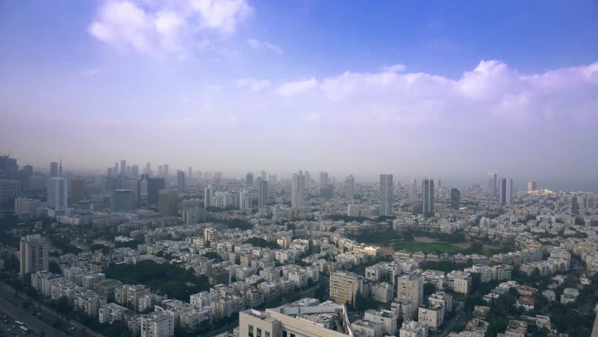 Aerial view of tel aviv skyline with urban skyscrapers and blue sky, Israel
