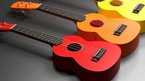 Colorful wooden ukuleles. Rainbow series of traditional hawaiian music instrument. 3D rendering. 4K UltraHD motion graphic animation.